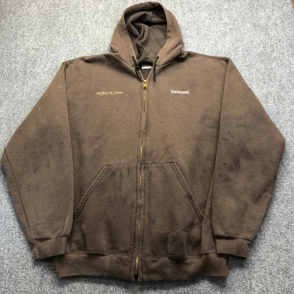 Carhartt Mens K122 Brown Full Zip Hooded Sweatshirt 2XL Etched In Stone Logo